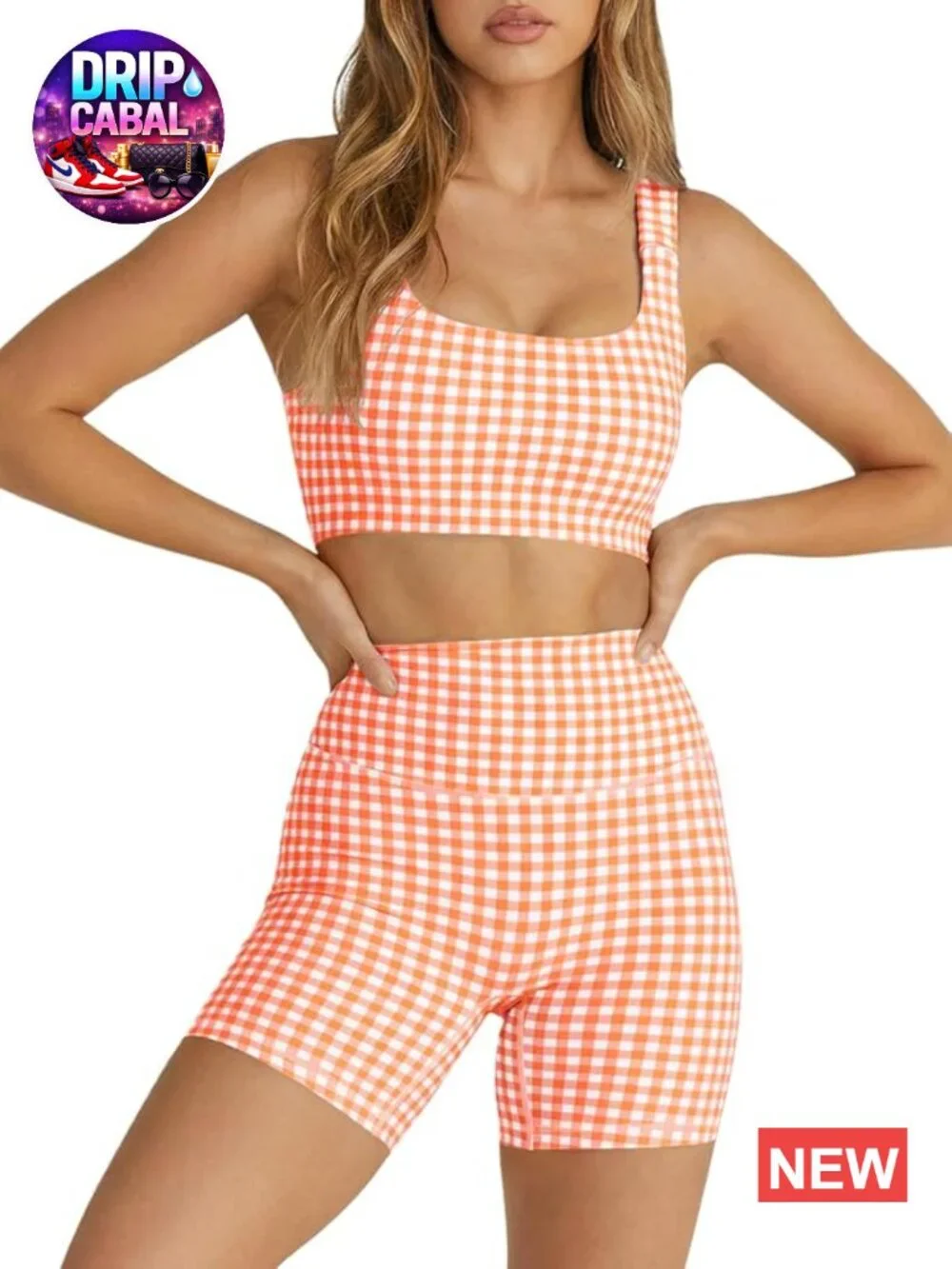Womens Gingham 2 Piece Outfits Padded Open Back Crop Tank High Waist Sports